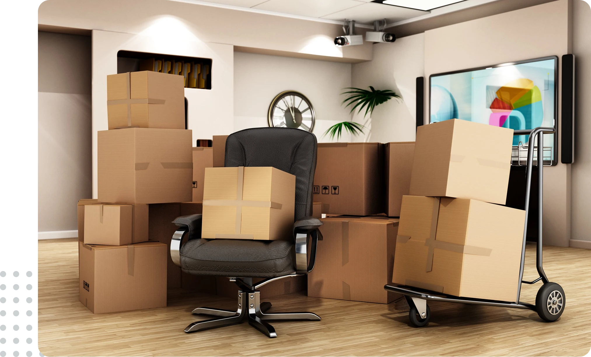 Office with stacked moving boxes and chair.